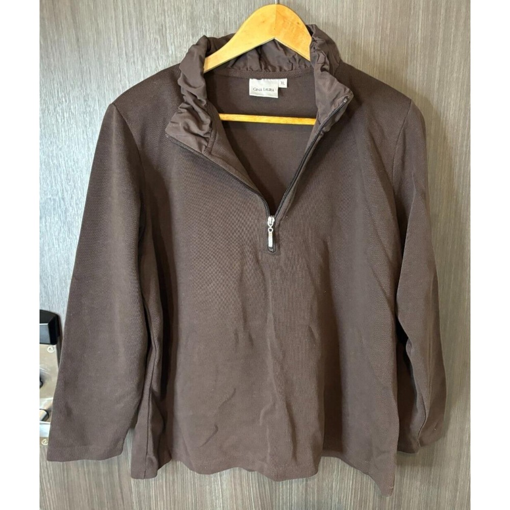 Gina Laura Sweater womens XL Brown Long Sleeve Mock Neck Quarter‎ Zip pullover